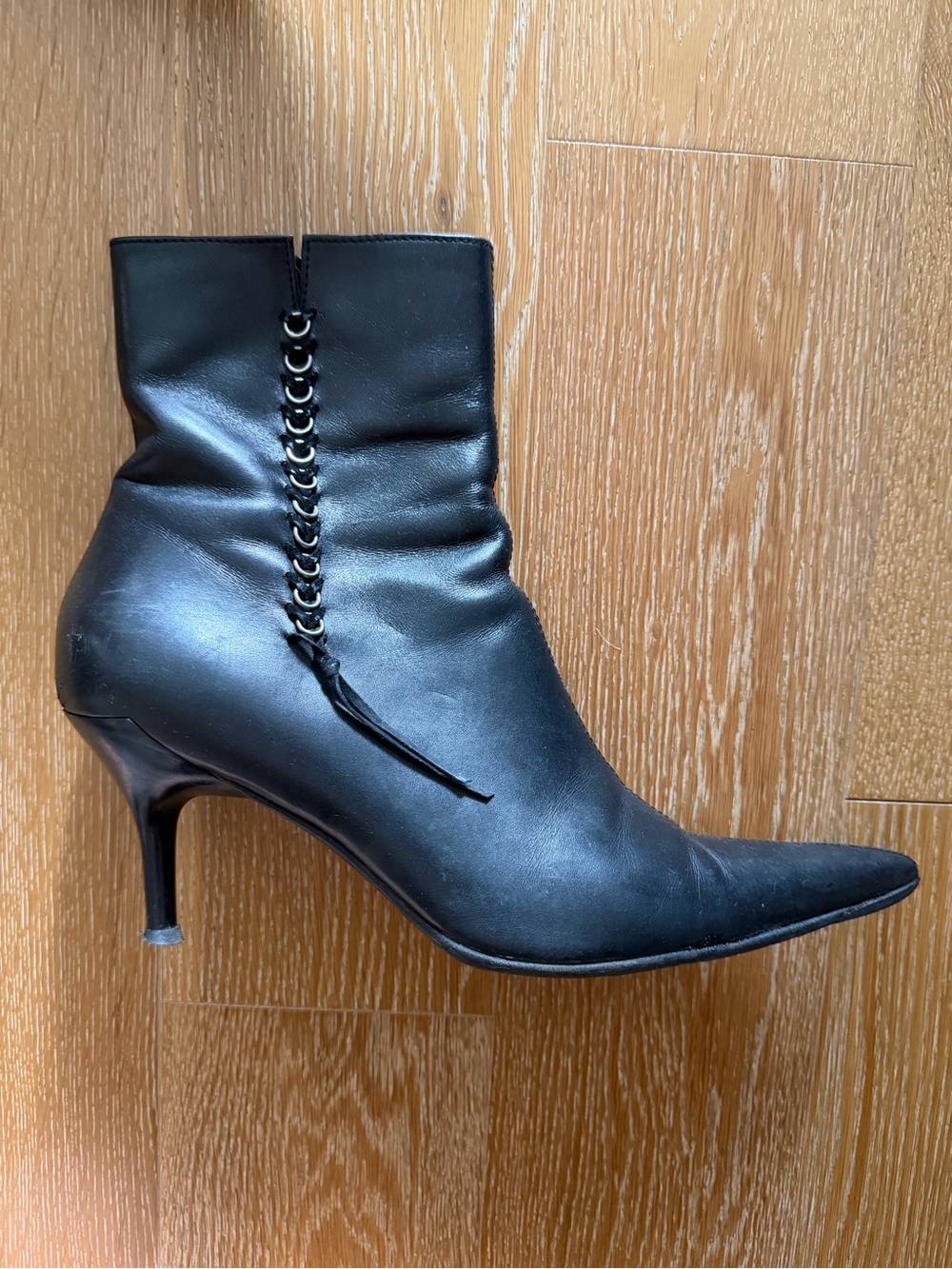 Casadei Black Pointed Toe Stiletto Ankle Boot with Grommet Lace Detail used